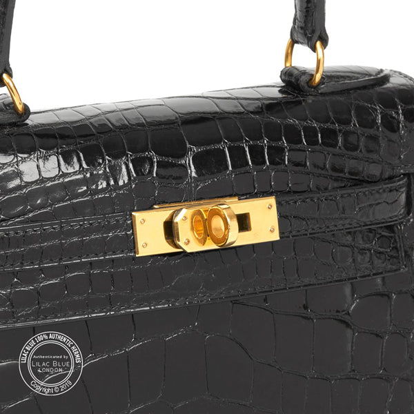 Hermès Kelly 20cm Black Shiny Alligator GHW - Vintage