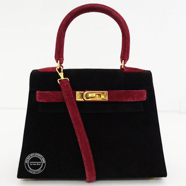 Hermès Kelly 20cm Black/Red Imperial Suede GHW - Vintage