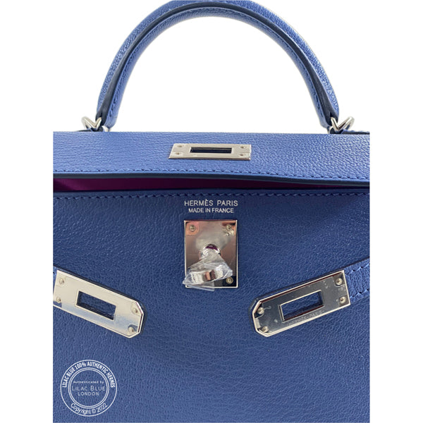 Hermès Kelly 20cm Bleu Brighton/Magnolia Verso Chevre PHW - As New