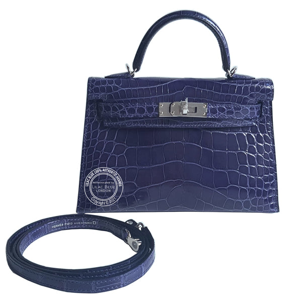 Hermès Kelly 20cm Bleu Encre Shiny Alligator PHW