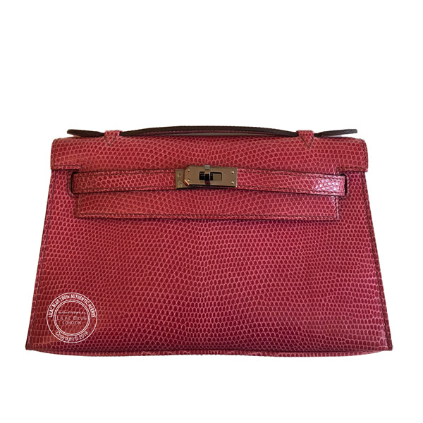 Hermès Kelly 22cm Fuschia Mini Pochette Lizard Ruthenium - Preloved