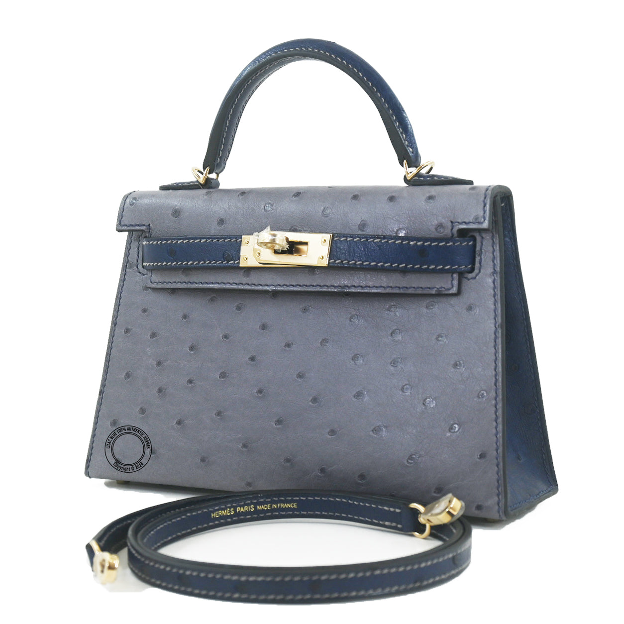 Hermès Kelly 20cm Gris Agate/Bleu Iris HSS Ostrich RGHW