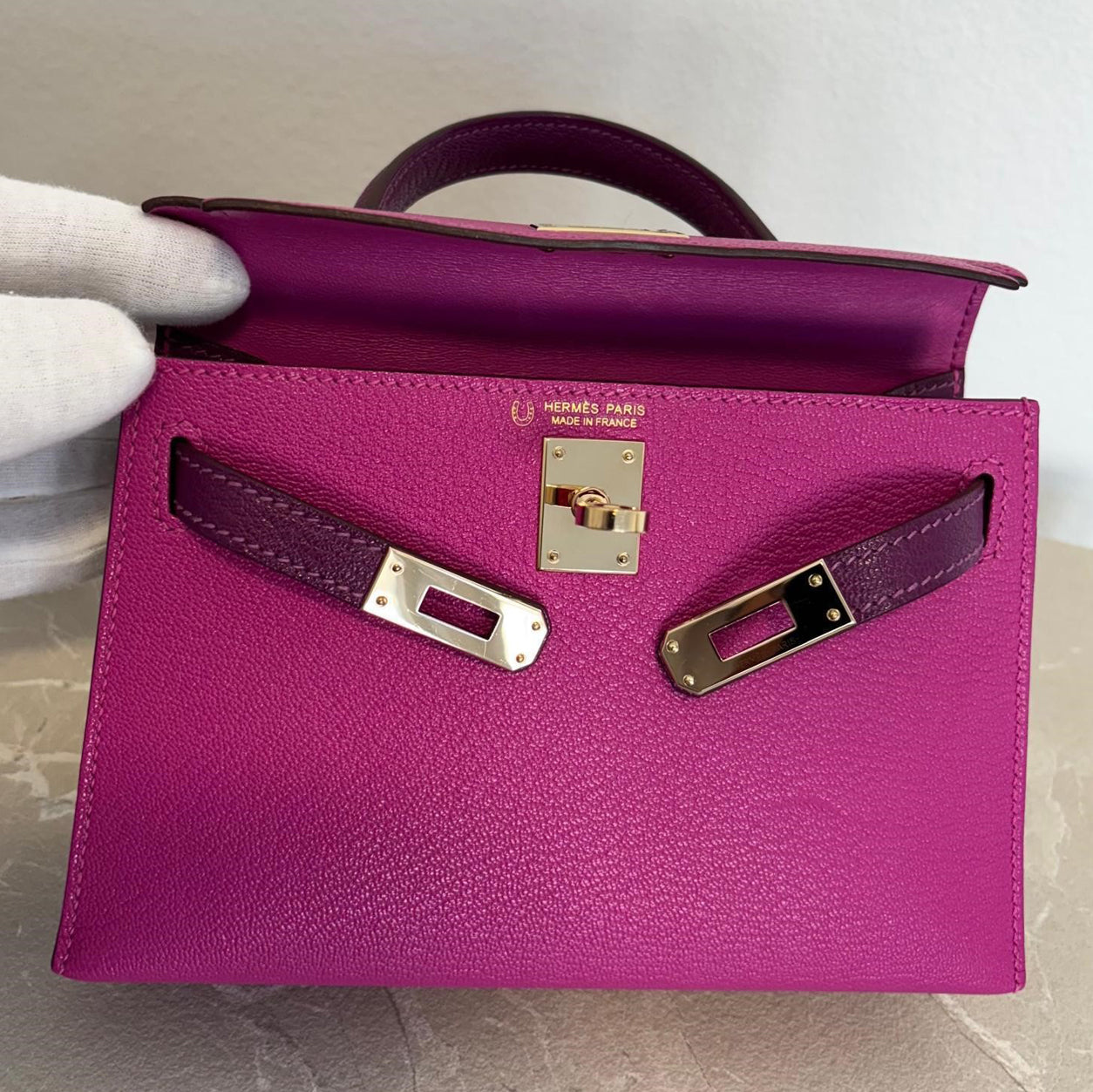 Hermès Kelly 20cm Magnolia/Cassis HSS Chevre PBHW