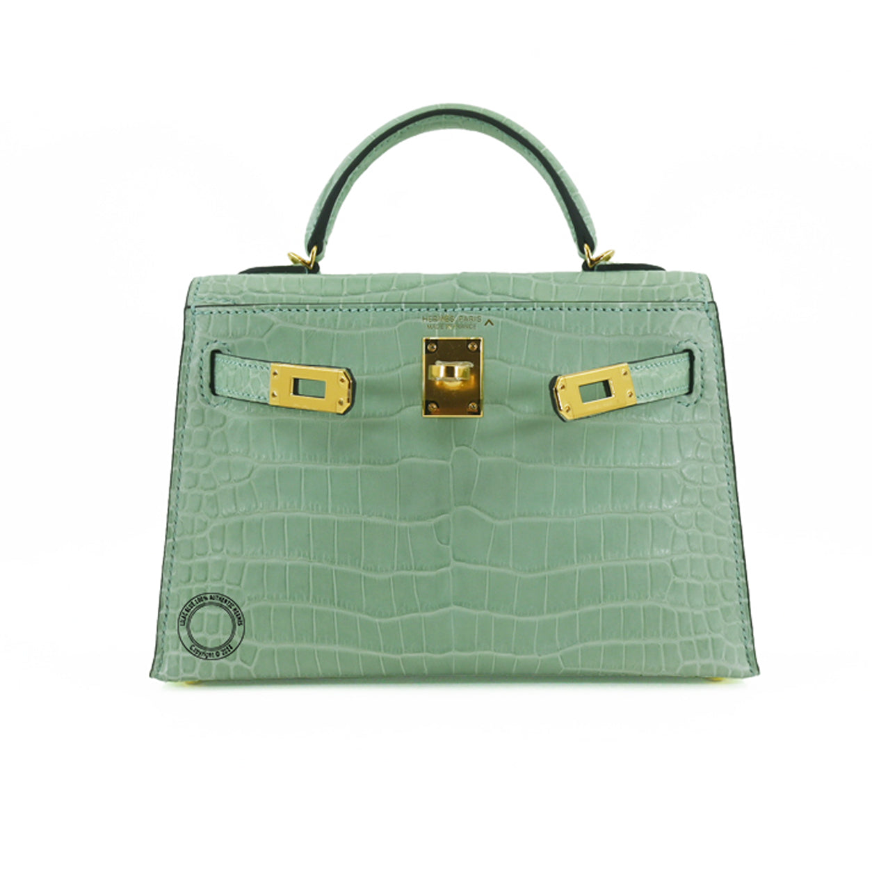 Hermès Kelly 20cm Vert d'Eau Matte Crocodile GHW