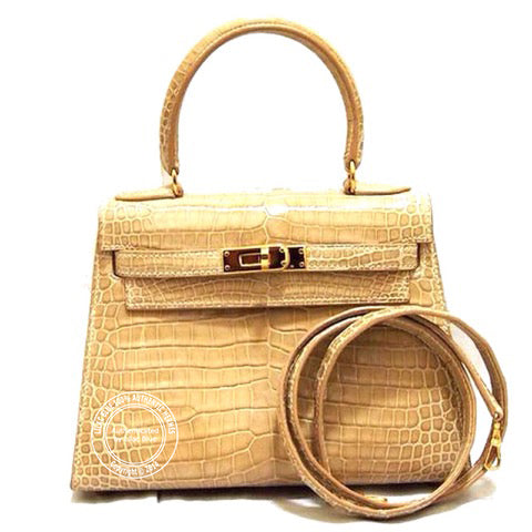 Hermès Kelly 20cm Beige Shiny Croc GHW - Vintage