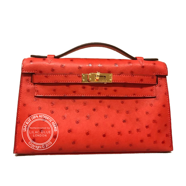 Hermès Kelly 22cm Rouge Exotique Mini Pochette Ostrich GHW