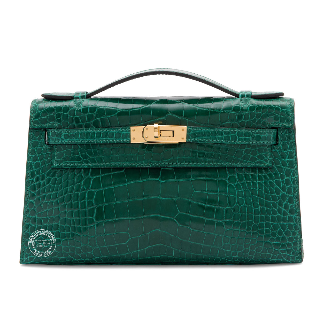 Hermès Kelly 22cm Vert Emeraude Pochette Shiny Croc GHW