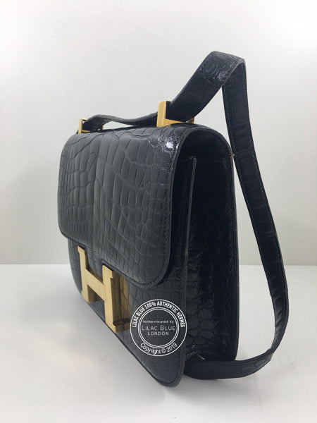Hermès Constance 23cm Black Shiny Croc GHW Vintage