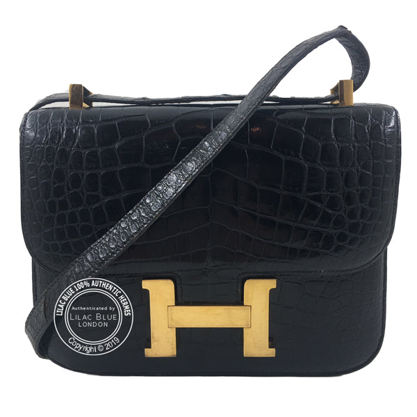 Hermès Constance 23cm Black Shiny Croc GHW Vintage
