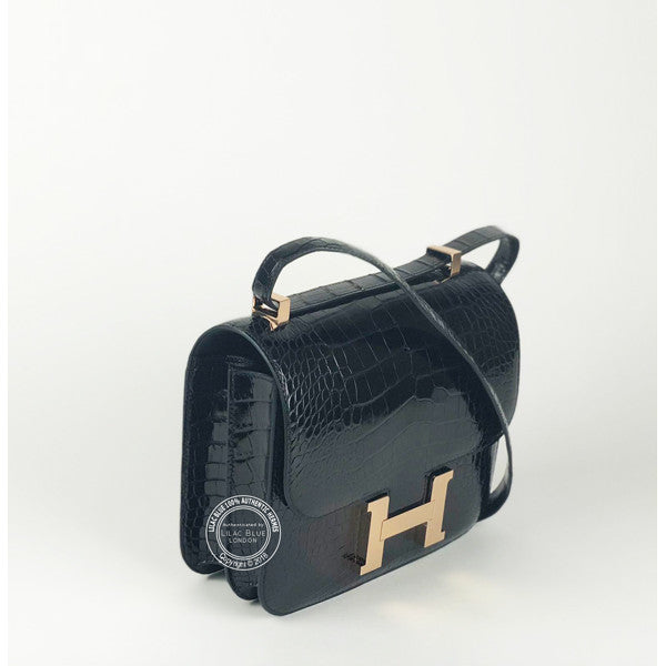 Hermès Constance 24cm Black Shiny Croc RGHW