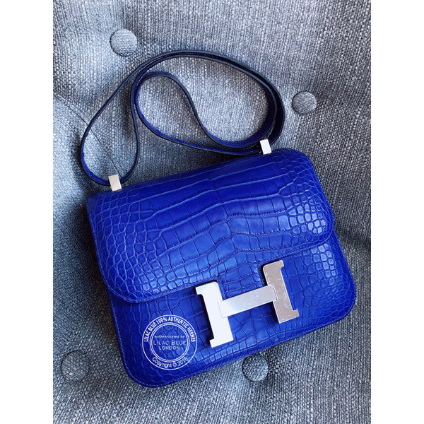 Hermès Constance 24cm Bleu Electrique Matte Croc PHW