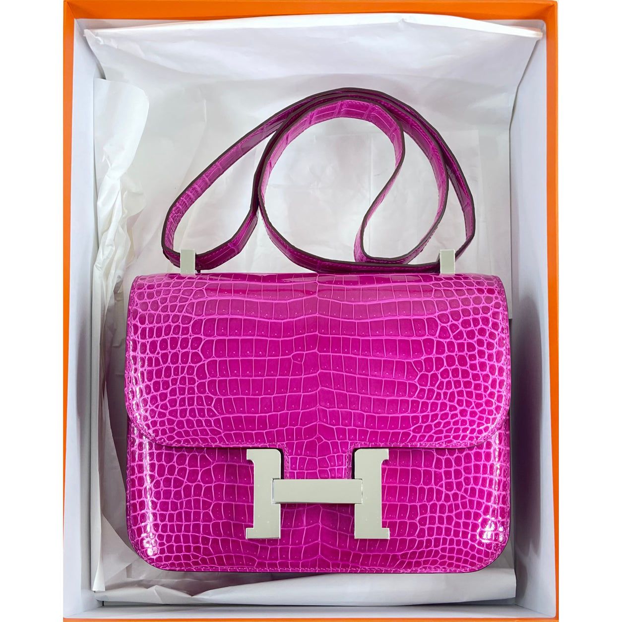 Hermès Constance 24cm Rose Scheherazade Shiny Croc PHW