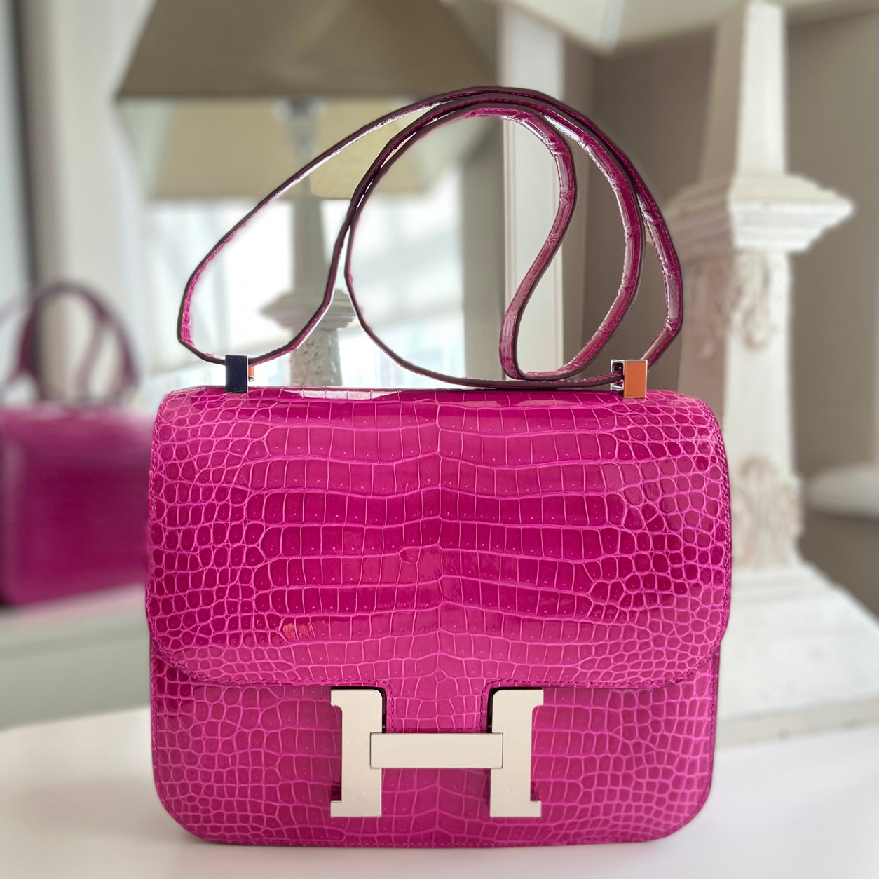 Hermès Constance 24cm Rose Scheherazade Shiny Croc PHW