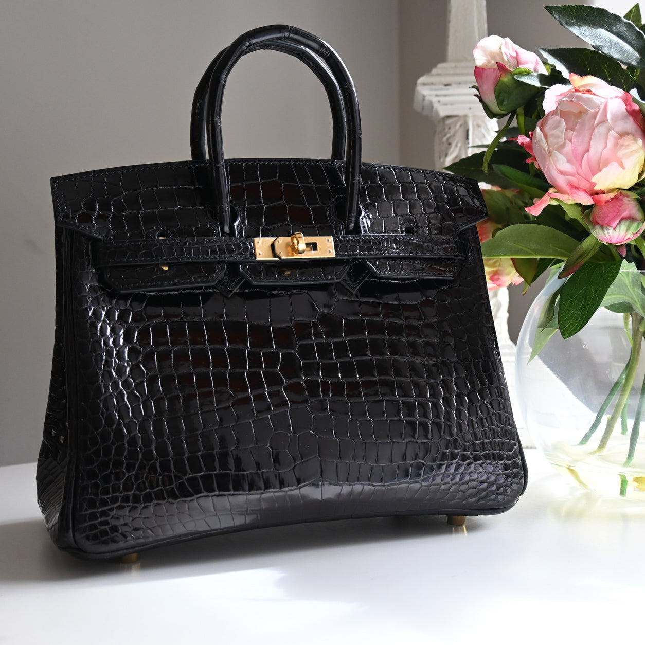 Hermes Birkin 25cm Black Shiny Croc GHW