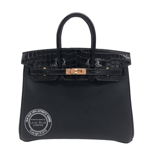 Hermès Birkin 25cm Black Touch Shiny Croc/Novillo RGHW