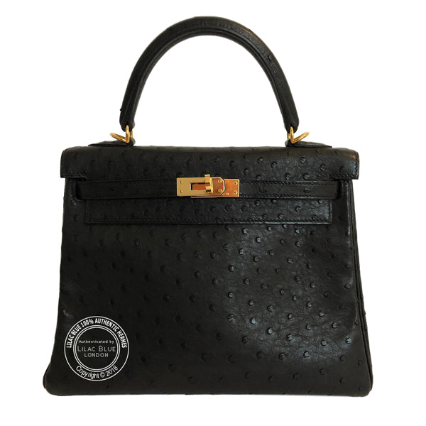 Hermès Kelly 25cm Black Ostrich GHW - As New