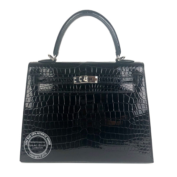 Hermès Kelly 25cm Black Shiny Croc PHW