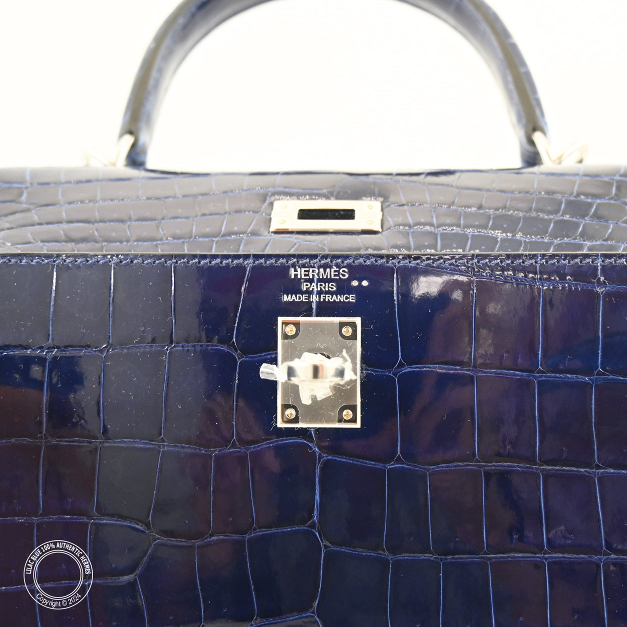 Hermès Kelly 25cm Bleu Saphir Shiny Croc PHW