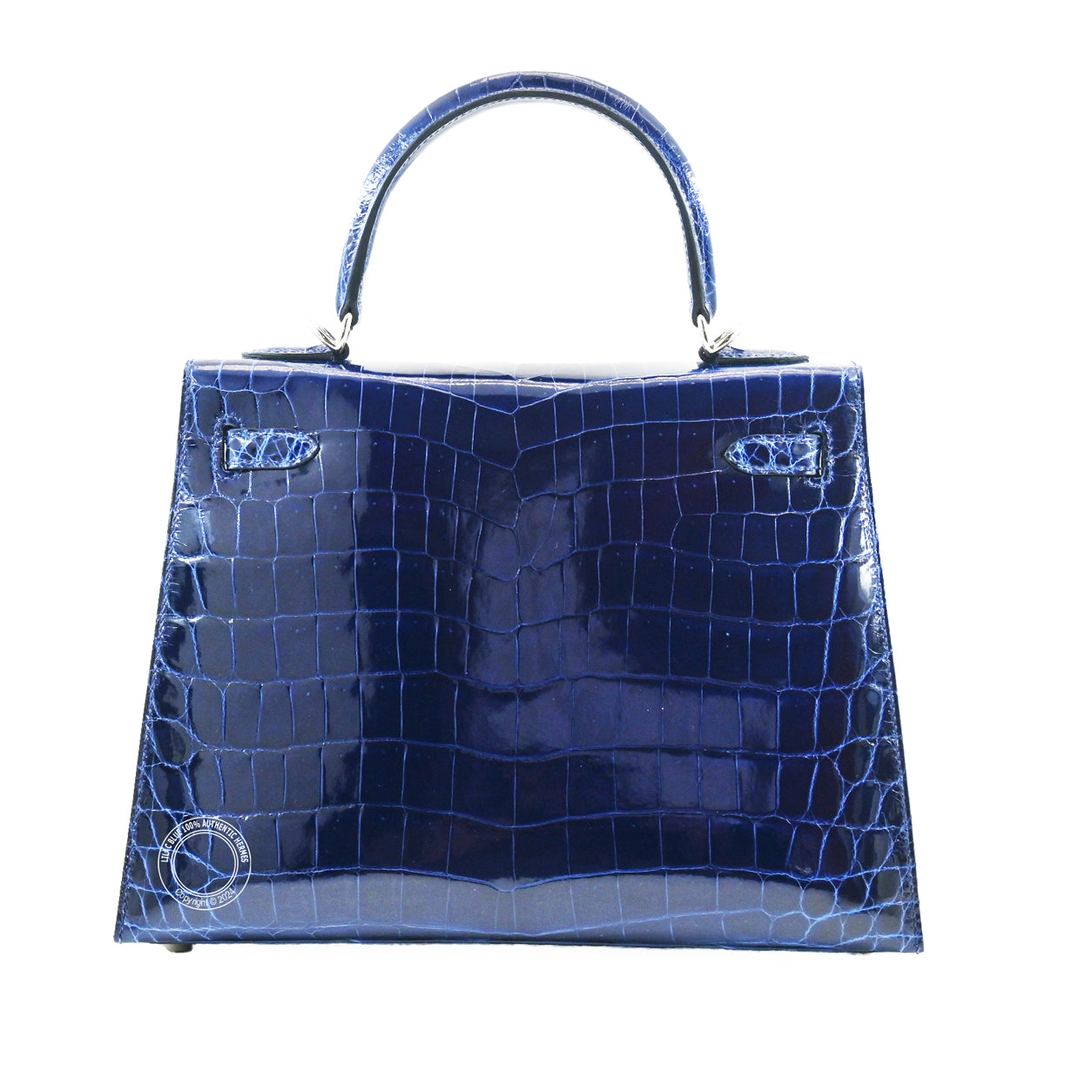 Hermès Kelly 25cm Bleu Saphir Shiny Croc PHW