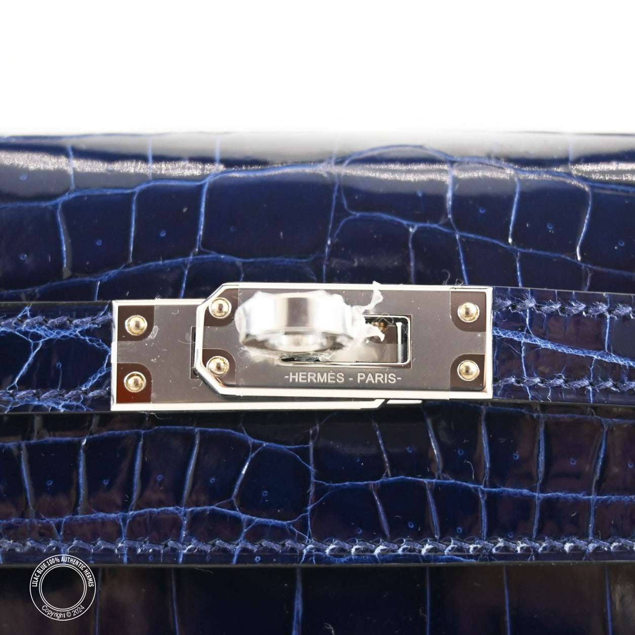 Hermès Kelly 25cm Bleu Saphir Shiny Croc PHW
