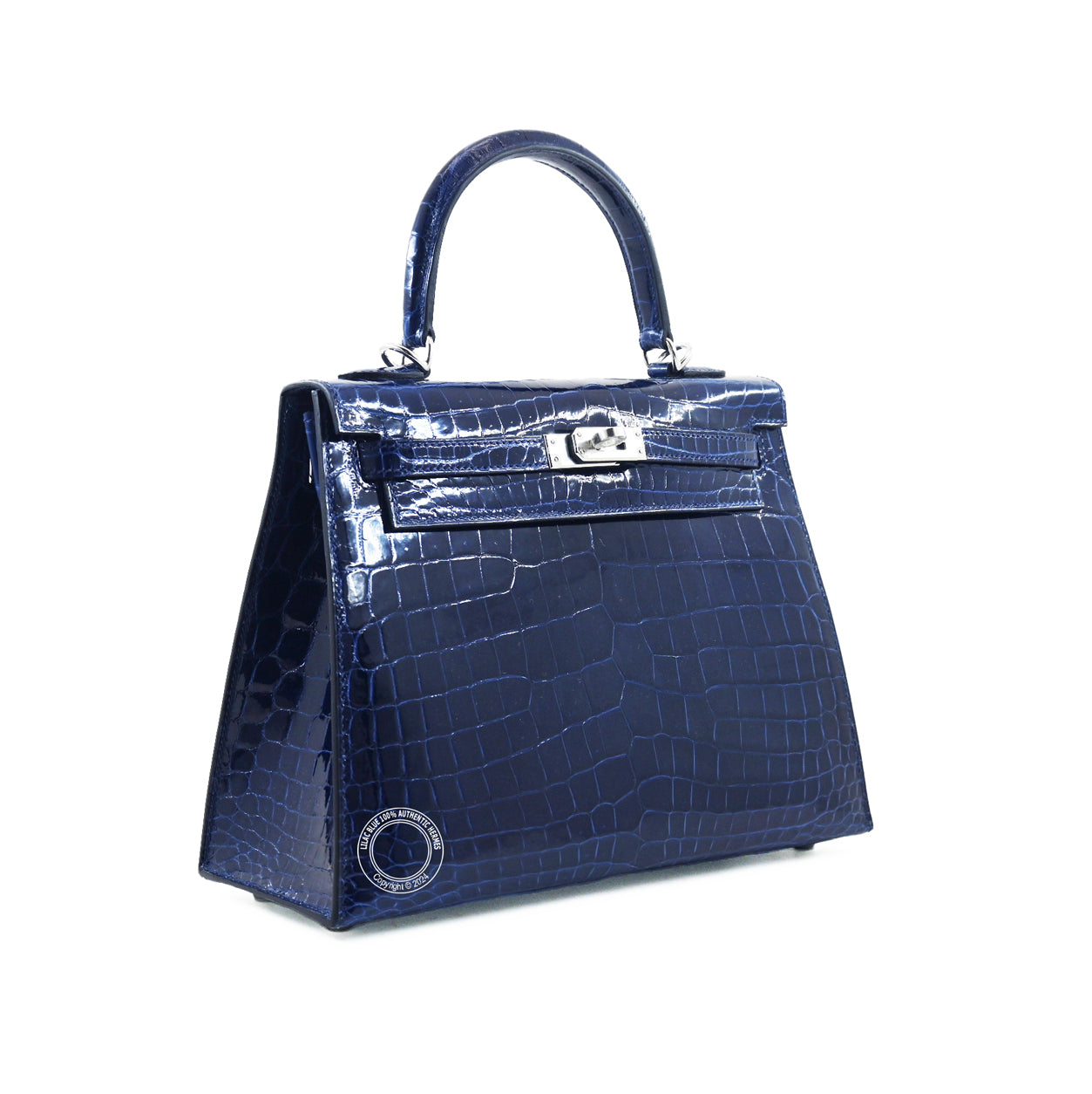 Hermès Kelly 25cm Bleu Saphir Shiny Croc PHW