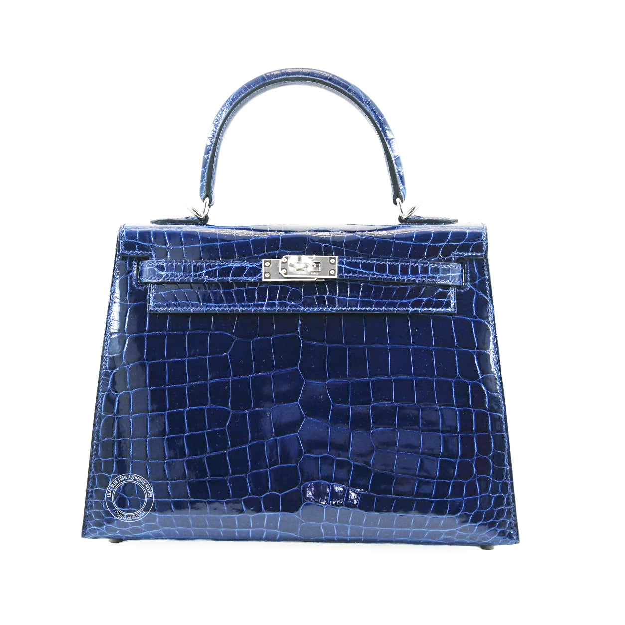 Hermès Kelly 25cm Bleu Saphir Shiny Croc PHW