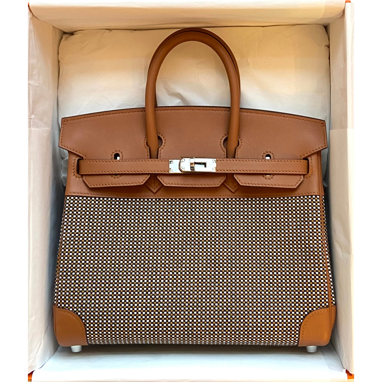 Hermès Birkin 25cm Gold Toile Quadrille/Swift PHW