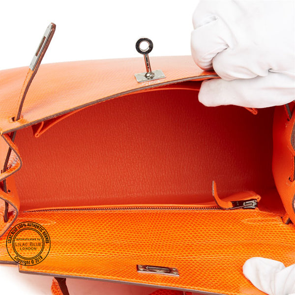 Hermès Kelly 25cm Tangerine Lizard Ruthenium - Preloved