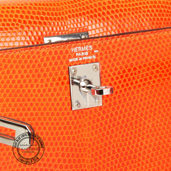 Hermès Kelly 25cm Tangerine Lizard Ruthenium - Preloved