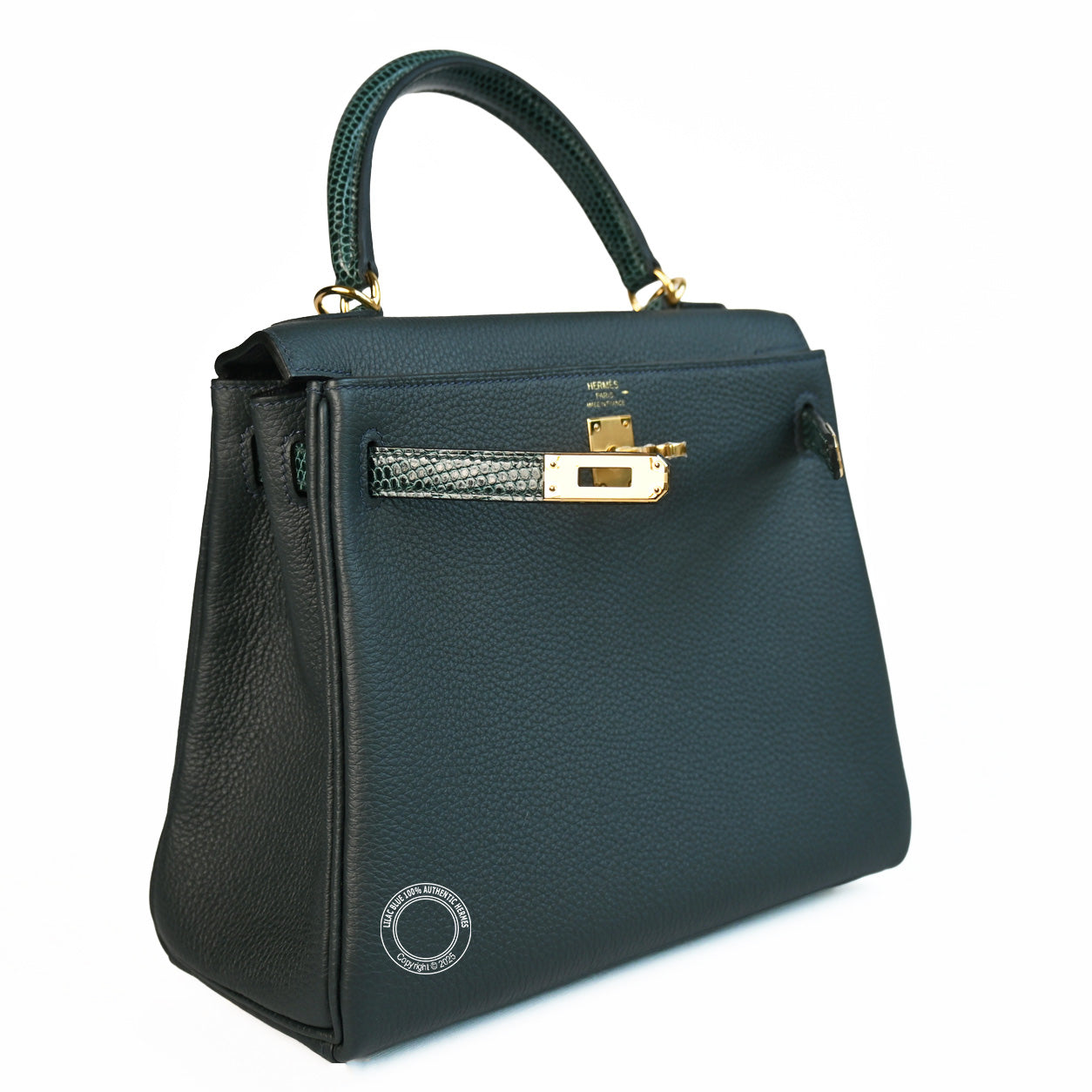 Hermes Kelly 25cm Vert Cypress/Vert Rousseau Touch Togo/Lizard GHW