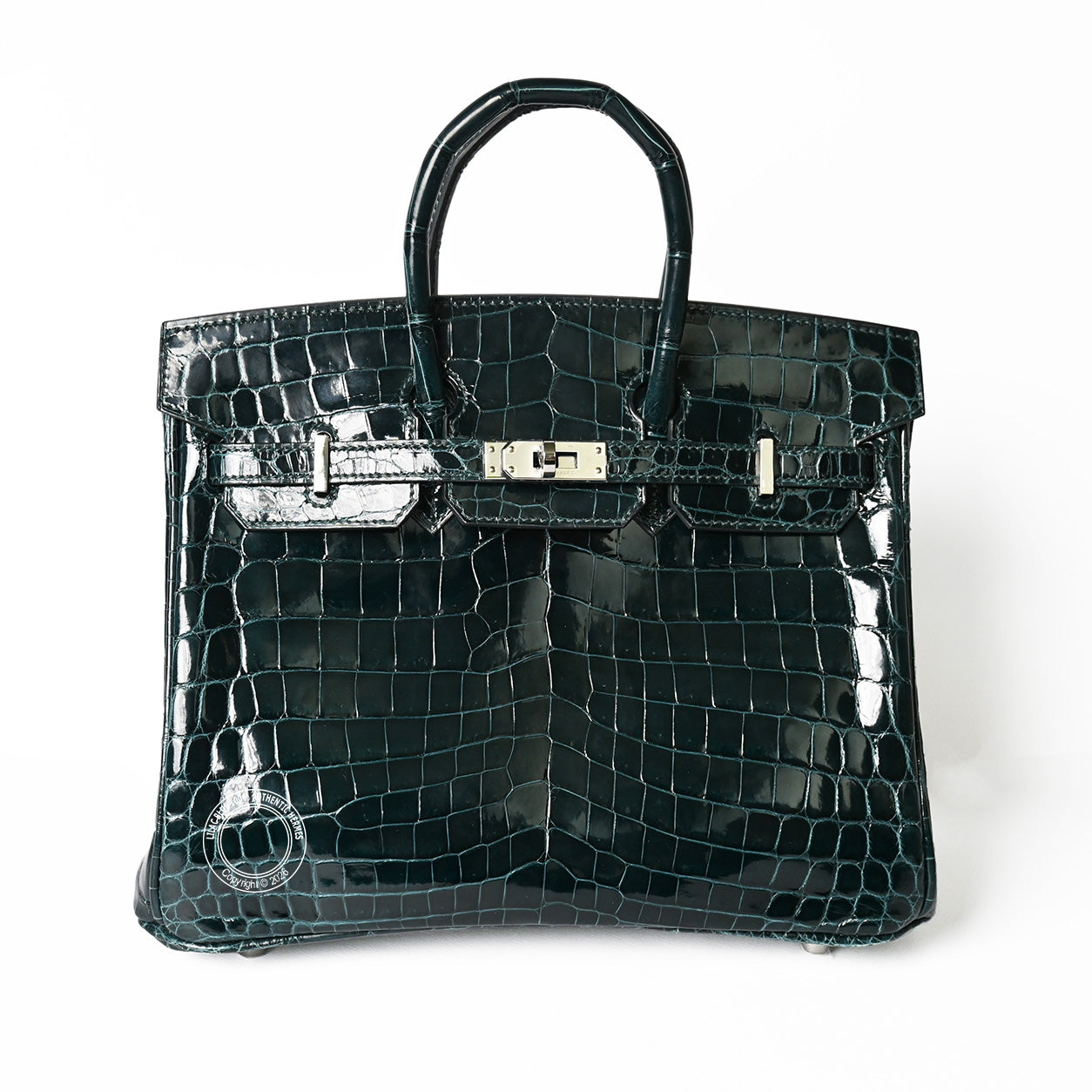 Hermes Birkin 25 in Vert Cypress Shiny Croc with palladium hardware