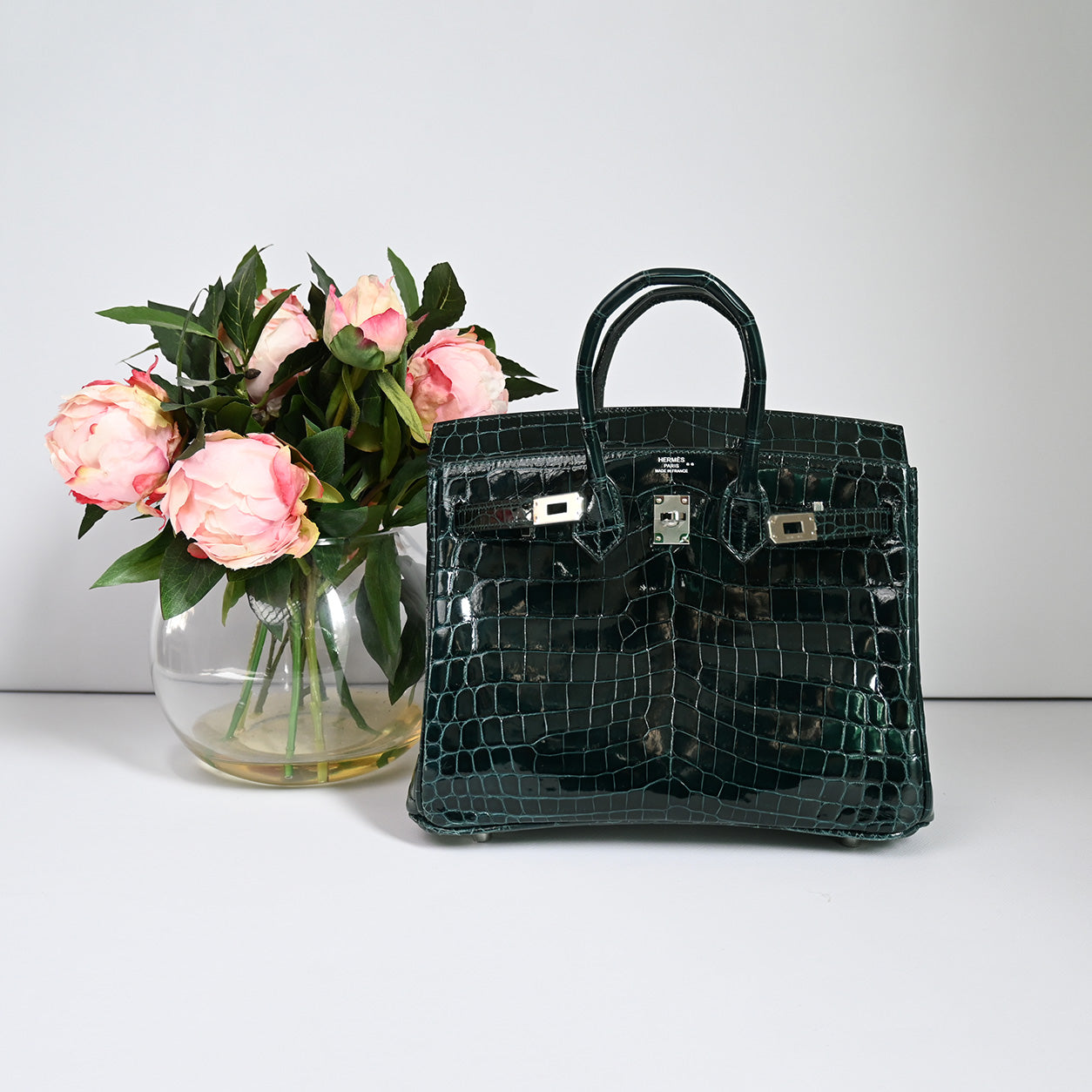 Hermes Birkin 25 in Vert Cypress Shiny Croc with palladium hardware