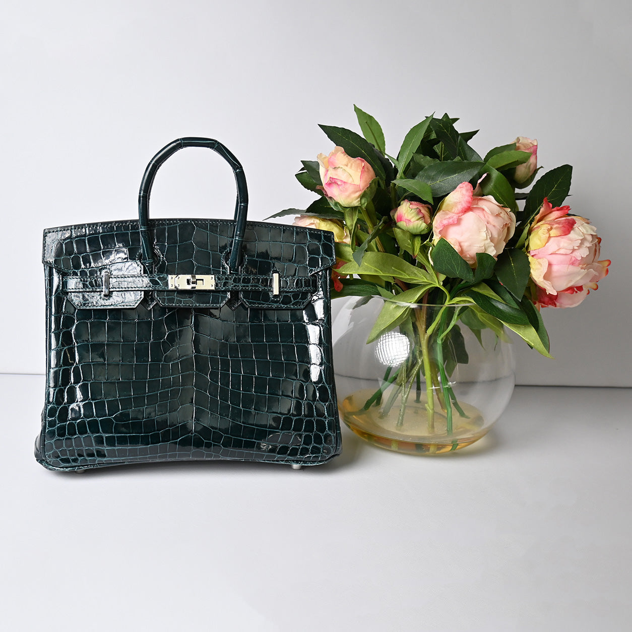Hermes Birkin 25 in Vert Cypress Shiny Croc with palladium hardware