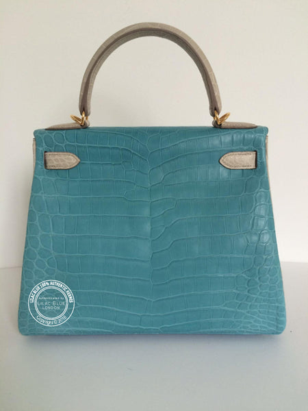 Hermès Kelly 28cm Beton/Bleu St Cyr HSS Matte Croc GHW