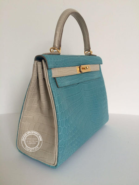 Hermès Kelly 28cm Beton/Bleu St Cyr HSS Matte Croc GHW