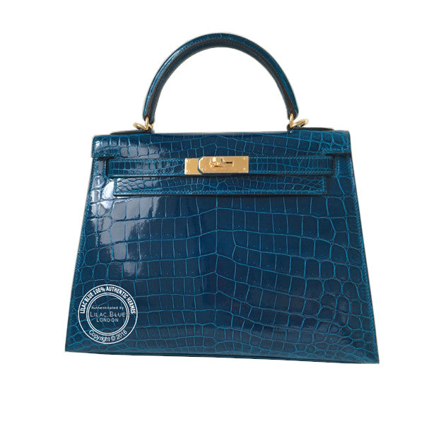 Hermes Kelly 28cm Bleu Izmir Shiny Croc GHW