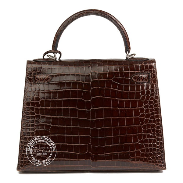 Hermès Kelly 28cm Chocolate Shiny Croc PHW - Preloved