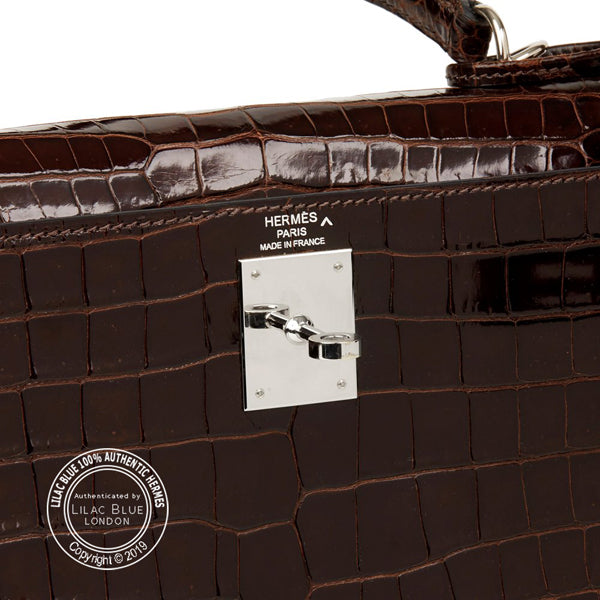 Hermès Kelly 28cm Chocolate Shiny Croc PHW - Preloved