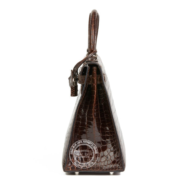 Hermès Kelly 28cm Chocolate Shiny Croc PHW - Preloved