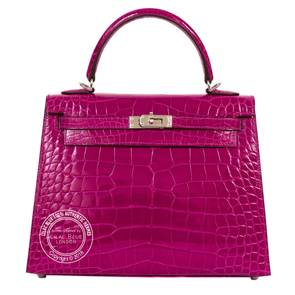 Hermès Kelly 28cm Rose Scheherazade Shiny Croc PHW