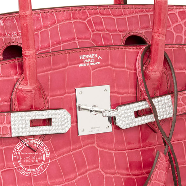 Hermès Birkin 30cm Fuschia Shiny Croc Diamond Hardware - Preloved