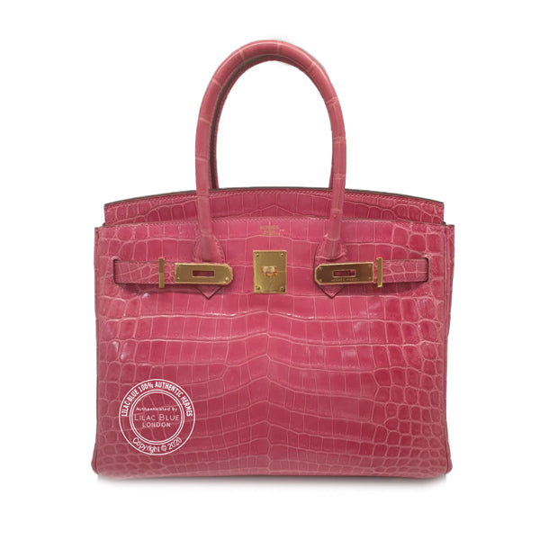 Hermès Birkin 30cm Rose Tyrien Shiny Croc GHW - Preloved