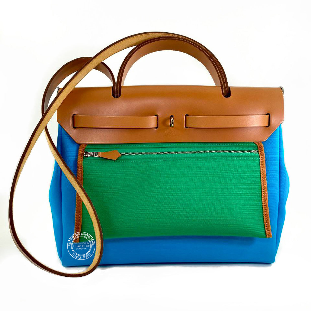 Hermès Herbag 31cm Natural/Bleu Azteque/Menthe Verso Hunter/Toile H PHW