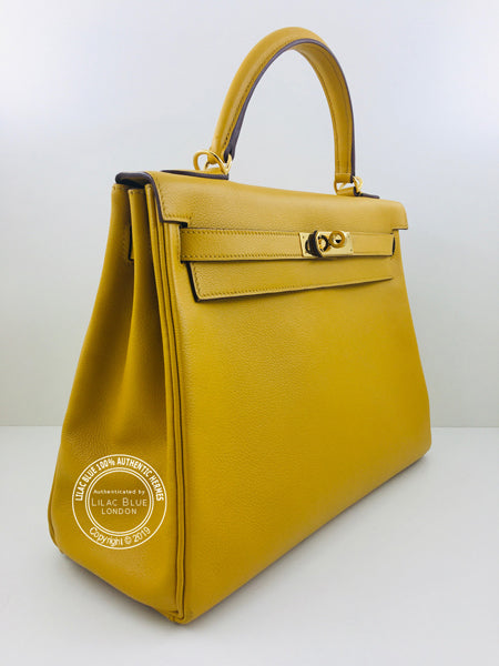 Hermès Kelly 32cm Jaune Ambre Evercolor GHW - Preloved
