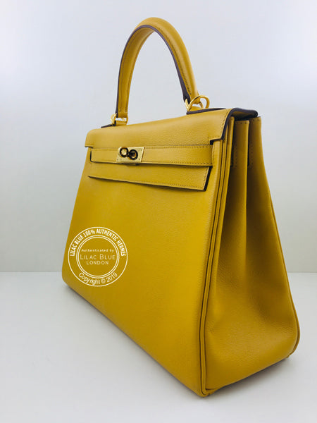 Hermès Kelly 32cm Jaune Ambre Evercolor GHW - Preloved