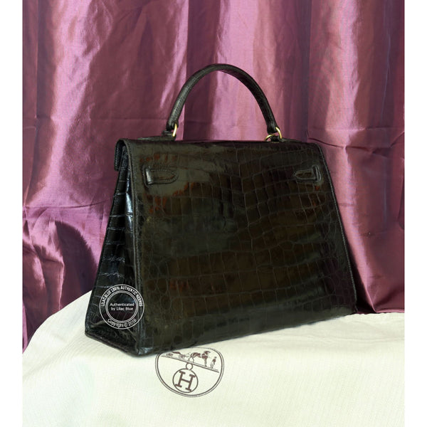 Hermès Kelly 32cm Black Shiny Croc GHW - Vintage