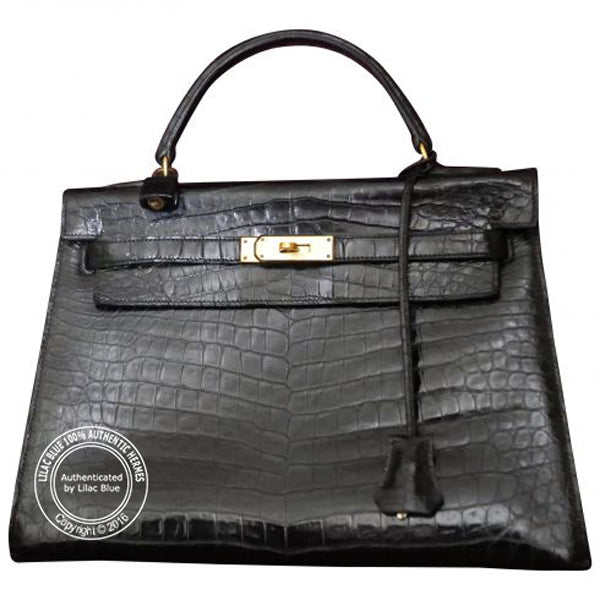 Hermès Kelly 32cm Black Shiny Croc GHW - Vintage