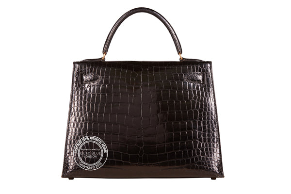 Hermès Kelly 28cm Black Shiny Croc GHW - Vintage