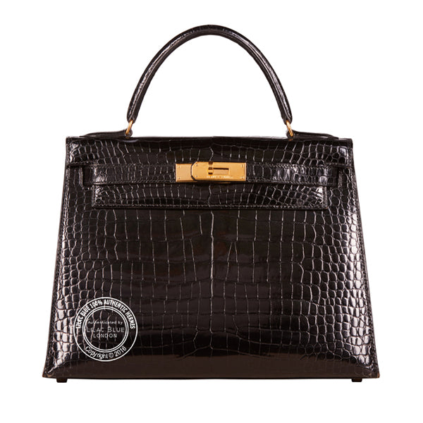 Hermès Kelly 28cm Black Shiny Croc GHW - Vintage