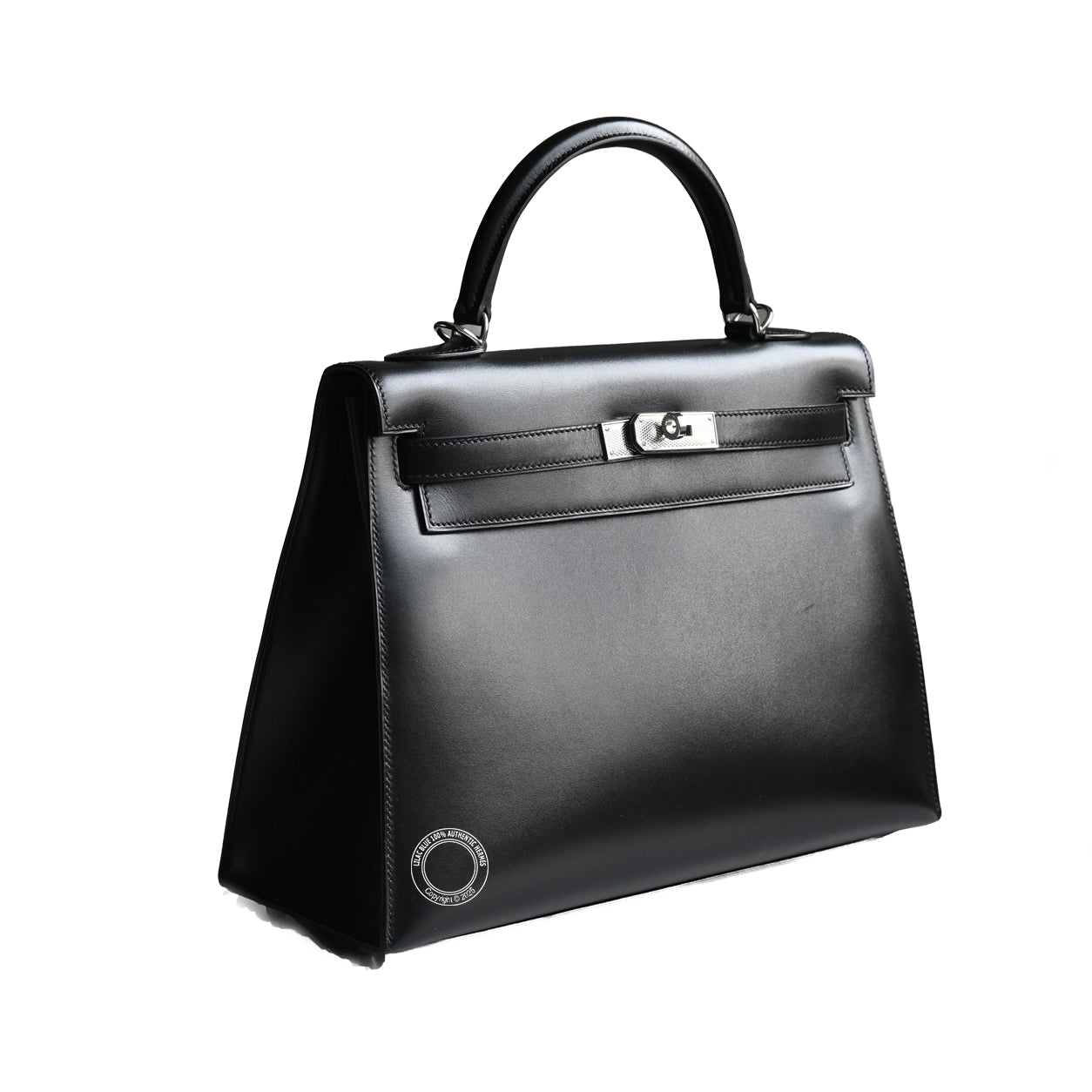 Hermès Kelly 32cm Black Box PHW Guilloche - Preloved